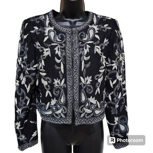 Laurence Kazar New York 100% Silk Shell, Long Sleeve Sequins Crop Jaket Size PL